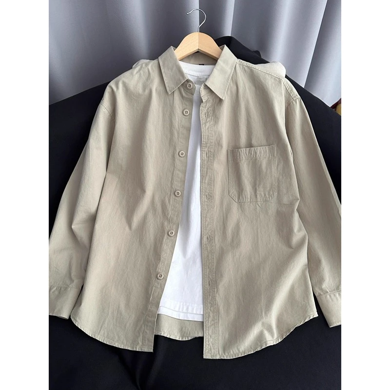 美式卡其色工装衬衫男款春秋季vintage长袖衬衣宽松休闲百搭外套