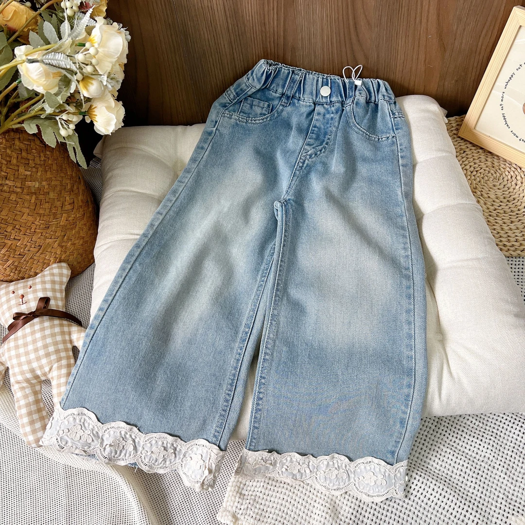 【不加绒 新品】833裤子 女童洋气百搭款 裤脚立体花朵花边 牛仔裤