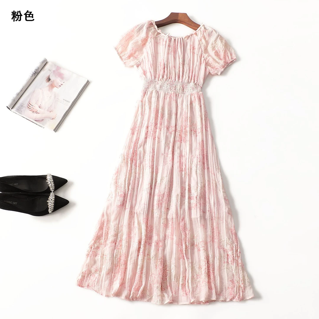 411847夏加长款中长款A字碎花短袖一字领夏季气质连衣裙长裙裙子