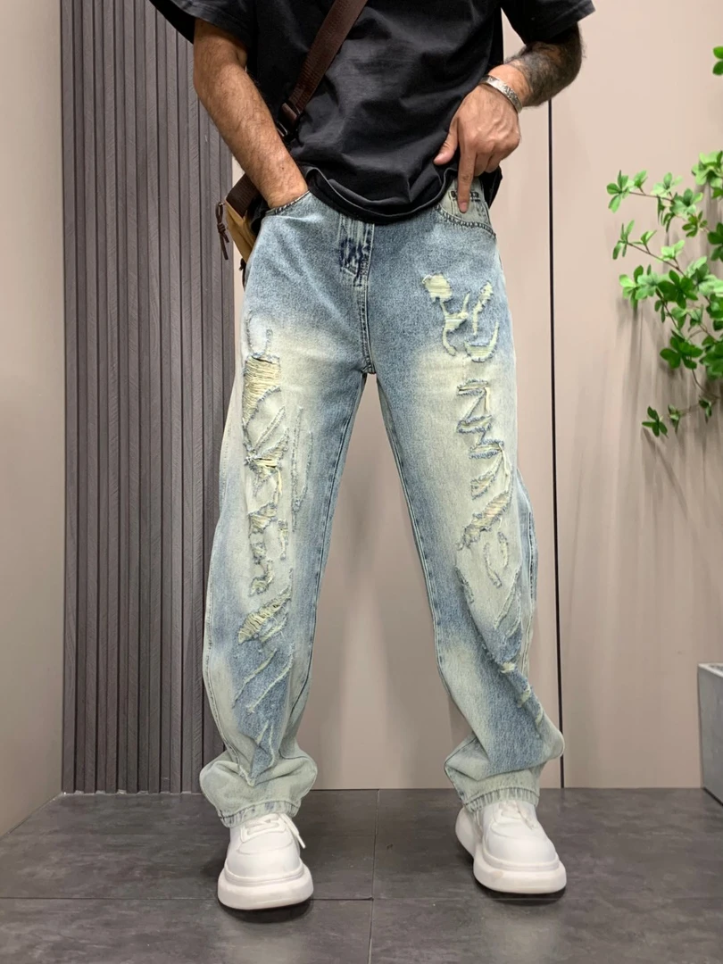 2025秋季新款复古破洞牛仔裤痞帅男士潮流直筒裤弯刀休闲裤子高街