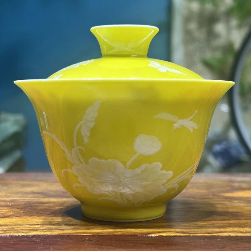 景德镇陶瓷柠檬黄堆白蝶恋花两才盖碗主泡器功夫盖碗高端送礼茶器