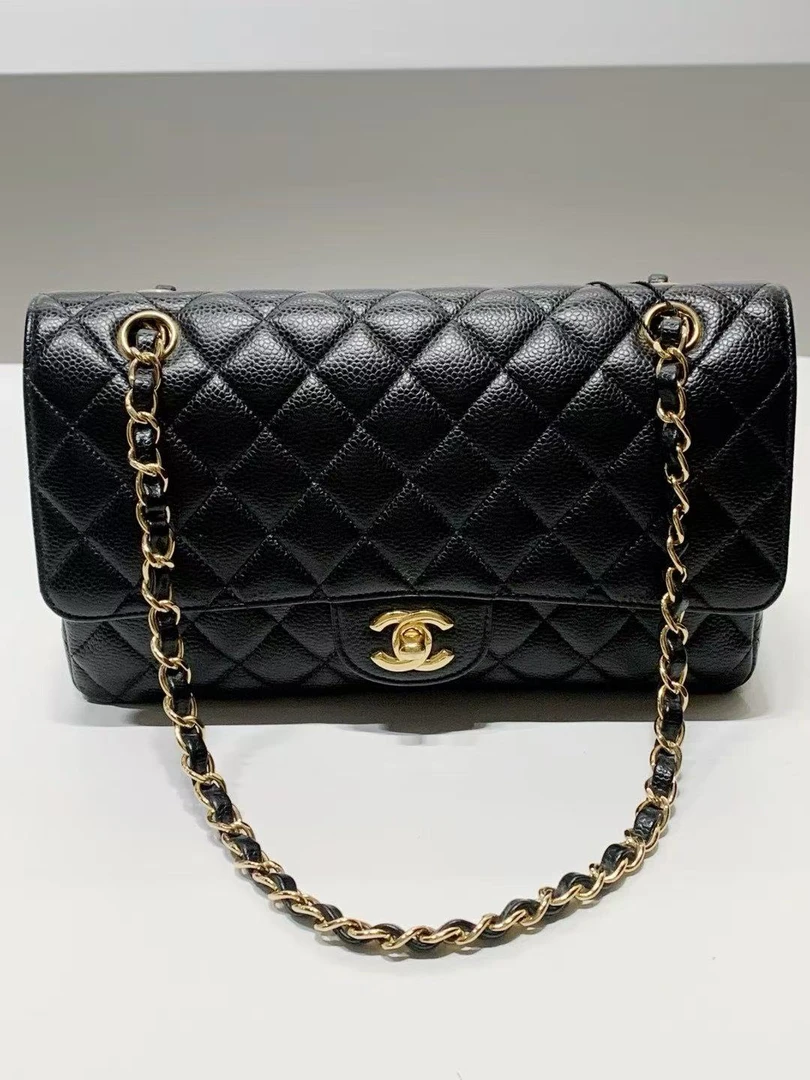 95新 Chanel/香奈儿 HIHI/黑金荔枝纹中号CF斜挎包/13559670