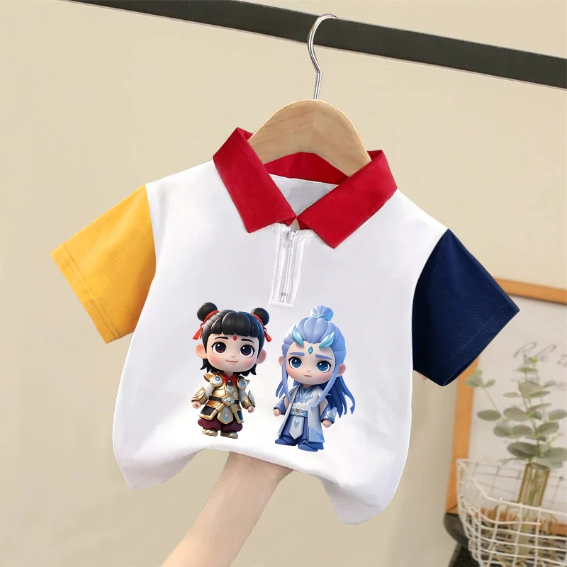 儿童拉链短袖Polo衫纯棉T恤哪吒夏季2025新款男女童宝宝拼色上衣