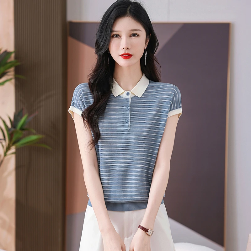夏季女士套头POLO领宽松显瘦短款百搭外穿短袖针织衫