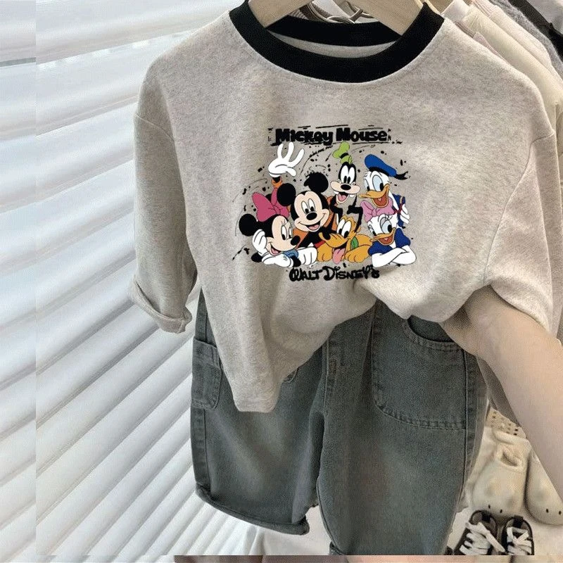 韩系纯棉儿童新款T恤长袖可爱百搭圆领男女童卡通拼色宝宝上衣款t