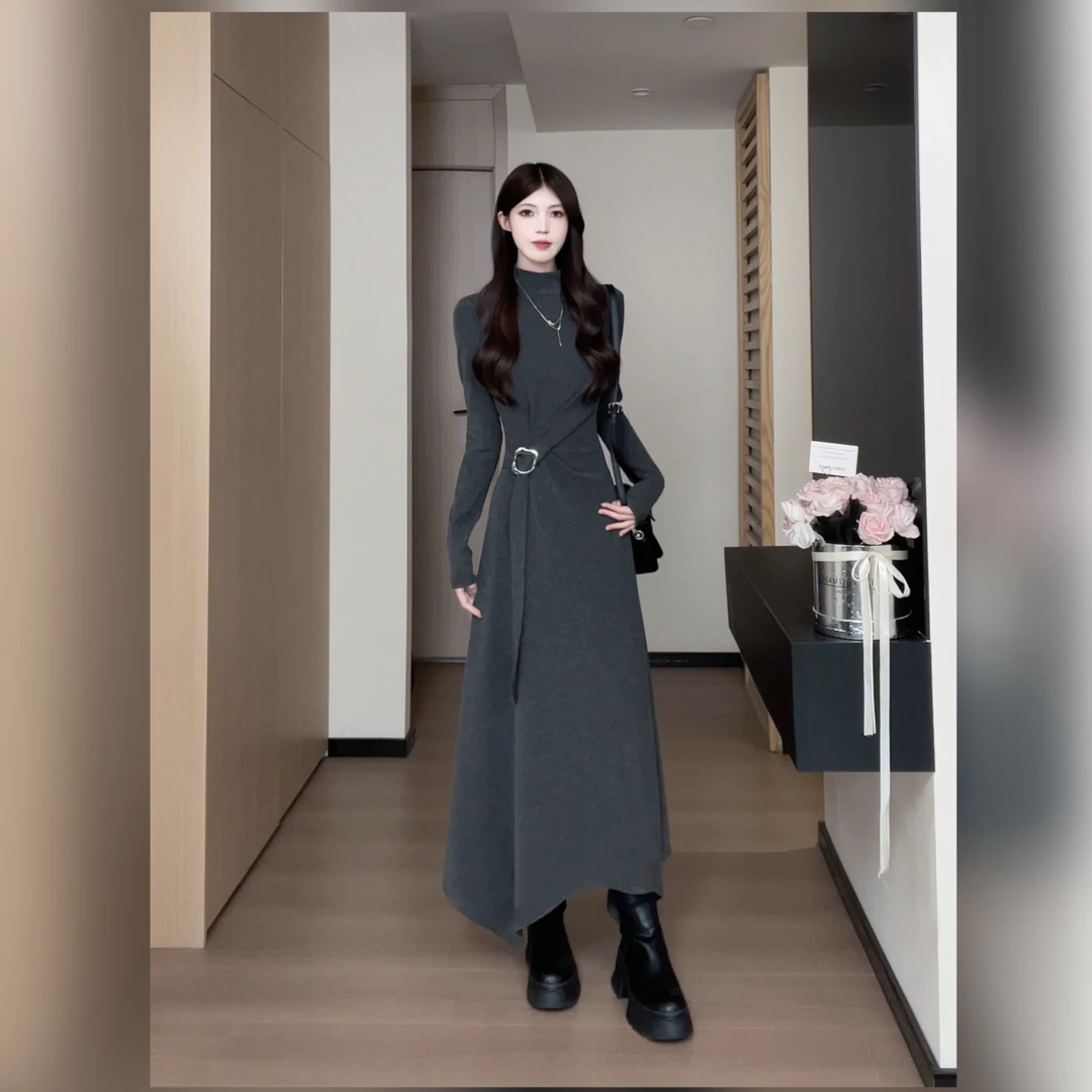 松本丧丧修身烟灰高领针织裙扭结腰带收褶巧塑身形秋冬B254Q2014