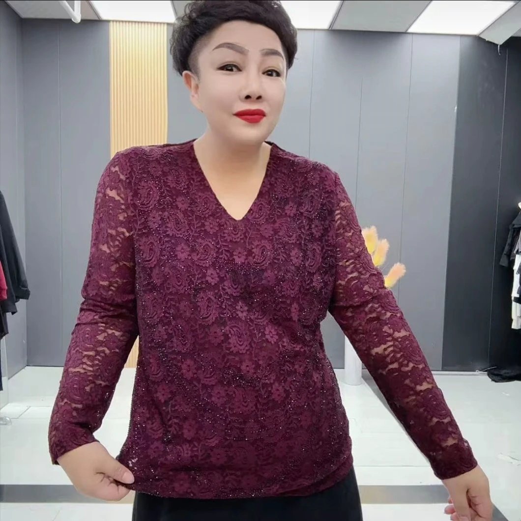 2917*大码高品质提花长袖V领提花时尚百搭显瘦妈妈装蕾丝上衣小衫
