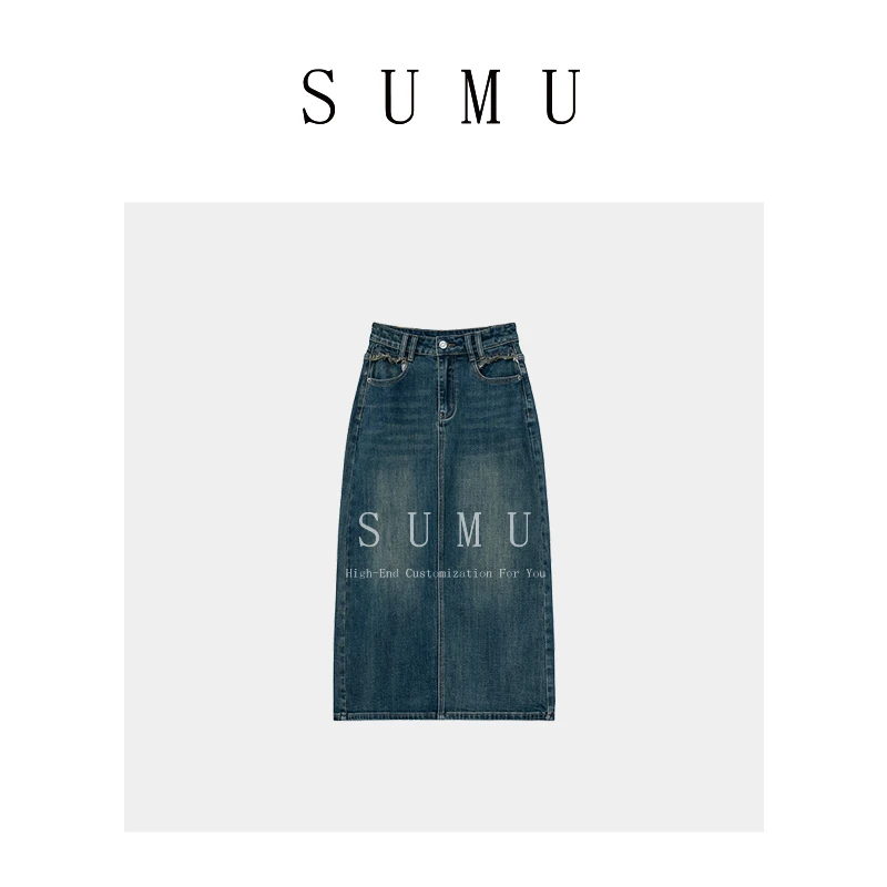 宿慕SUMU 女款半身裙 8-5秋季新款时尚后开叉牛仔半身裙32197
