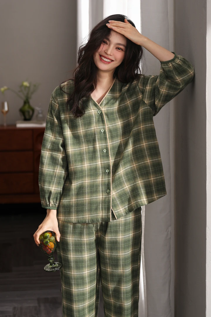 【夏娃之秀实体店】格子长袖睡衣可外穿休闲家居服22011