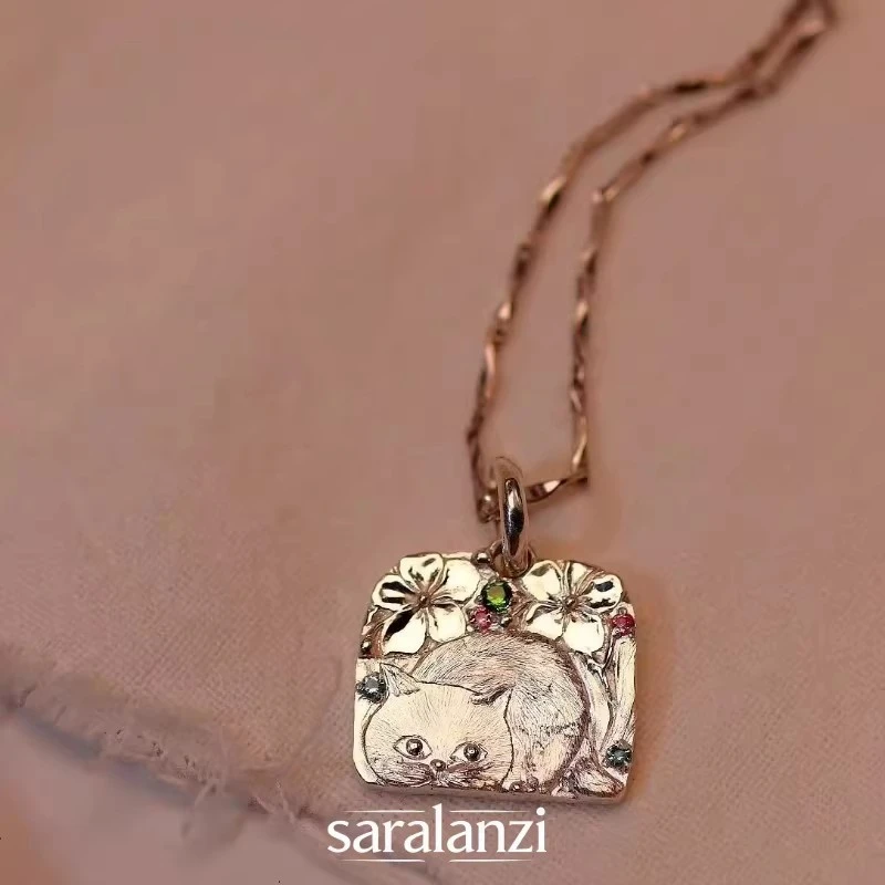 铜合金项链 精致有趣可爱小猫花朵牌项链小众设计别致镶嵌锁骨链