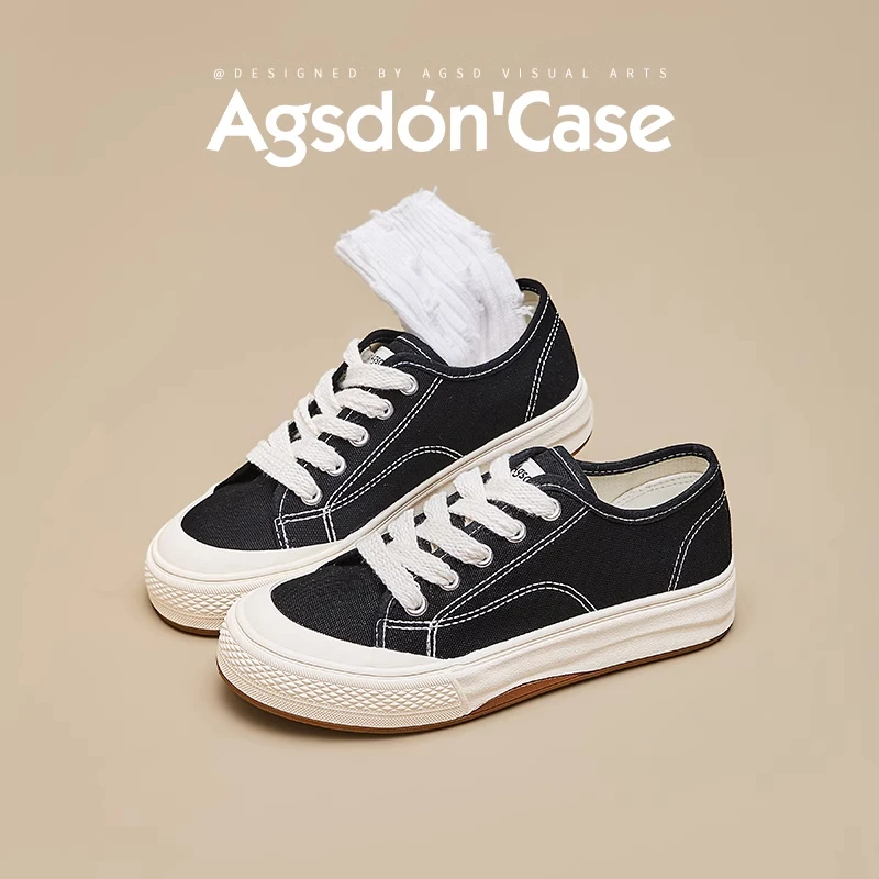 奥古狮登黑色帆布鞋女款2025新款春夏厚底百搭低帮休闲鞋白色鞋子