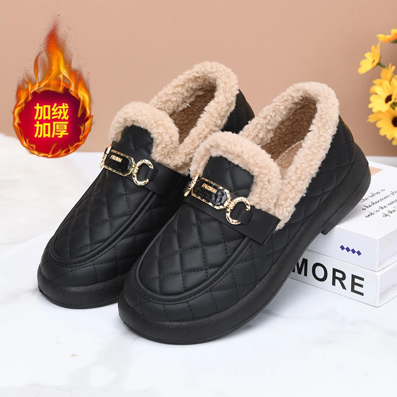老北京棉鞋女冬外穿新款加绒加厚一蹬乐福鞋时尚保暖豆豆鞋