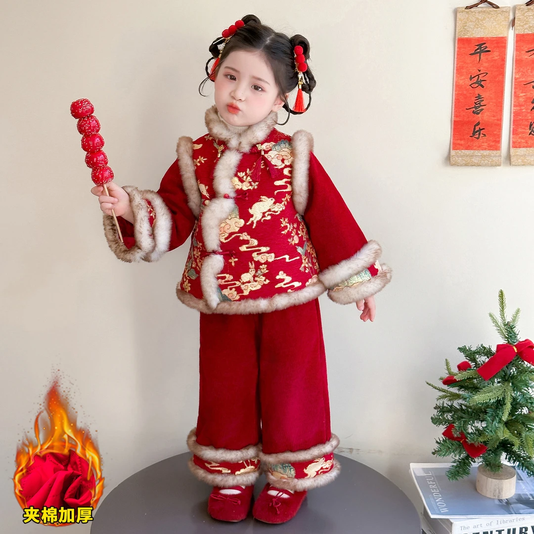 汉服女童拜年服冬季2026新款儿童国风加绒套装女宝宝喜庆过年衣服