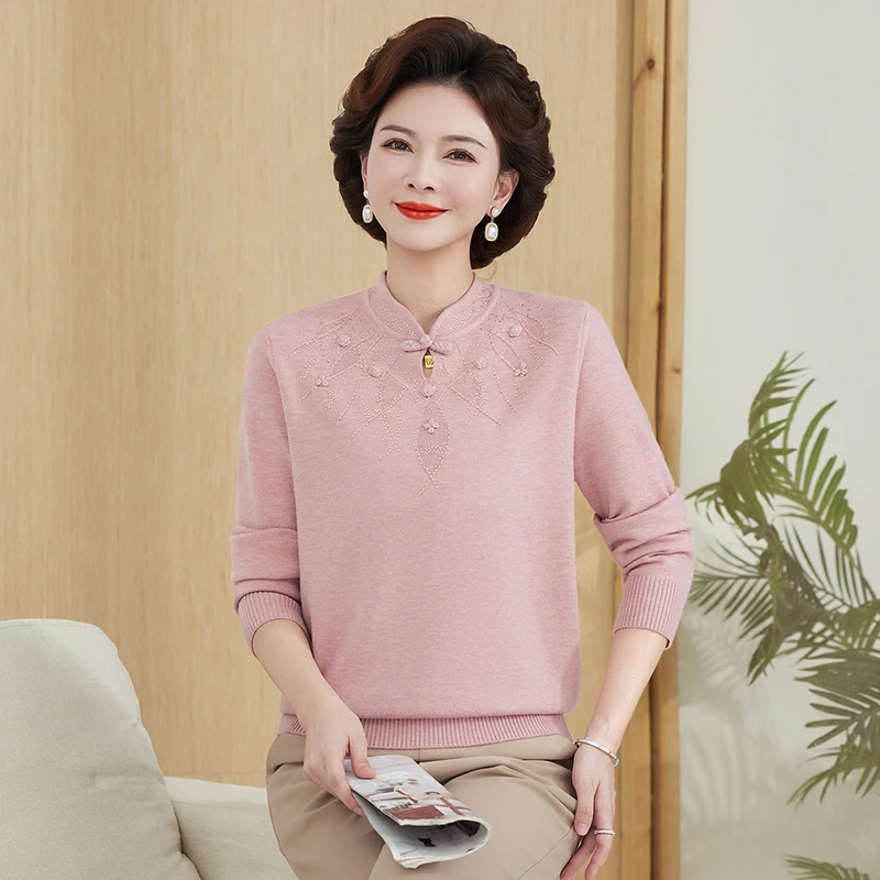 妈妈秋装国风毛衣洋气高贵夫人上衣中老年女秋冬内搭针织打底小衫