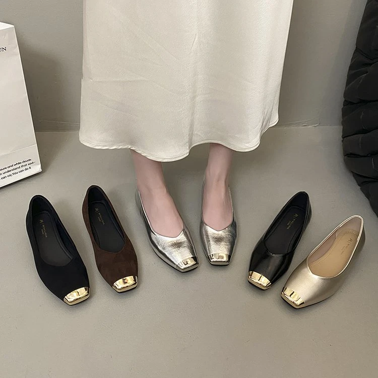 法式金属方头时尚软底软面舒适女鞋中跟拼色一脚蹬浅口单鞋