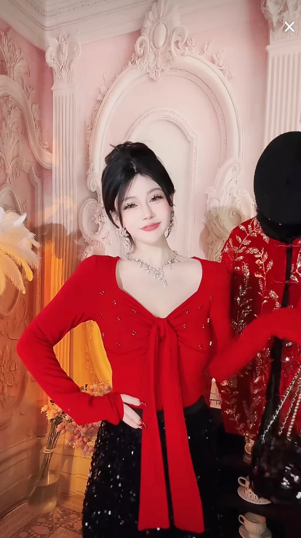 【崔】Z0183辣妹红色蝴蝶结长袖T恤女春季收腰短款打底衫内搭上衣