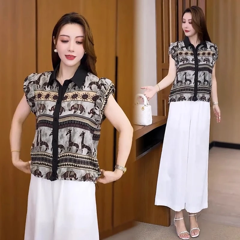 时尚衬衫女2025夏季新款洋气显瘦设计感印花短袖抽绳百搭休闲上衣