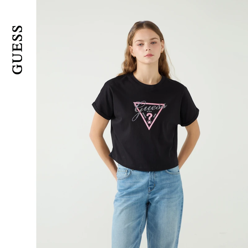 GUESS 25年女士闪亮倒三角烫钻logo短袖T恤-W5PP81K2Q40