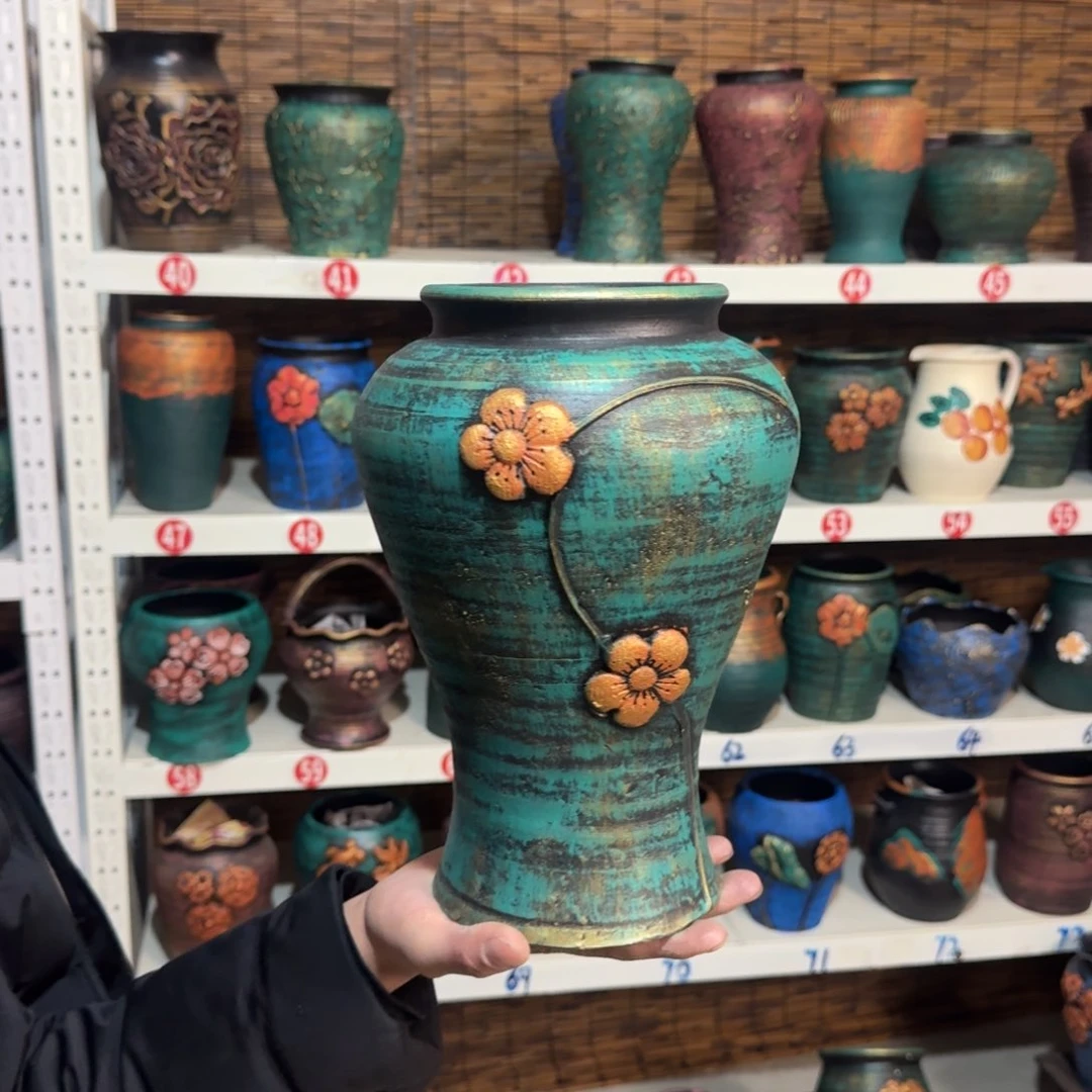 红陶红陶浮雕花盆炸炸炸