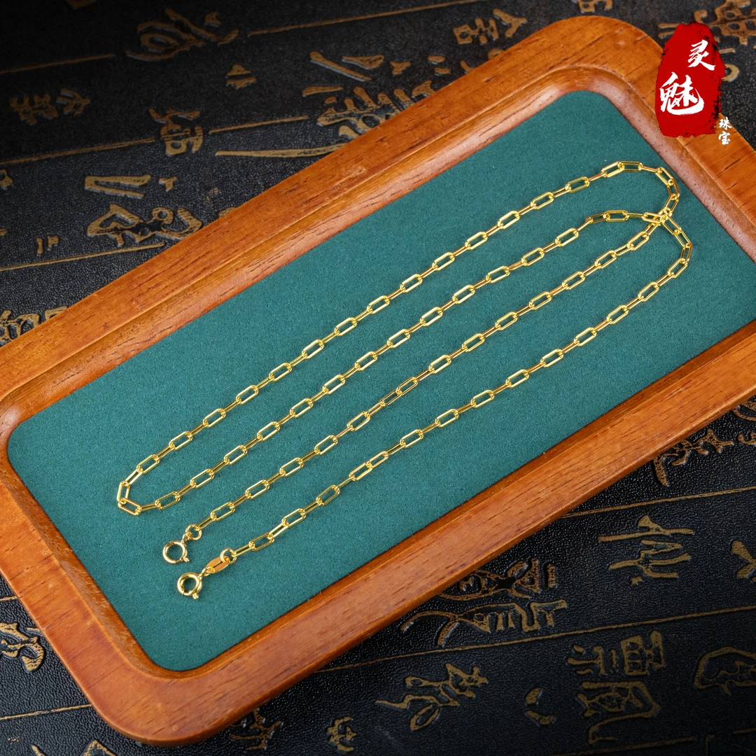 925银银制品 （灵魅）s925银手工简约金色方块链不掉色55长项链经典