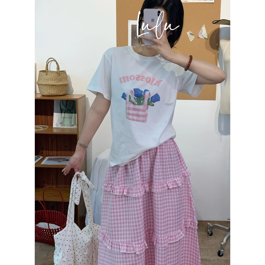 루루가−（小小郁金香）韩国东大门郁金香短袖T恤上衣➕粉格半身裙套装