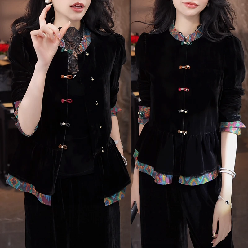 新中式上衣盘扣高级感气质显瘦女装2025秋季新款时尚通勤丝绒外套