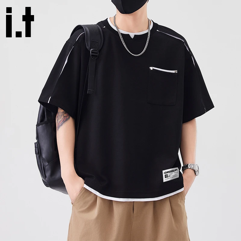 i.t:CHOCOOLATE美式假两件短袖2025夏季新款宽松口袋半袖男士t恤