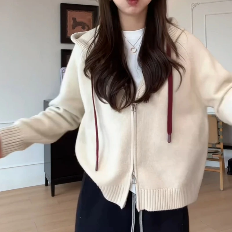 2025秋季百搭显瘦设计感通勤显瘦连帽双拉链针织帽衫LK2506737