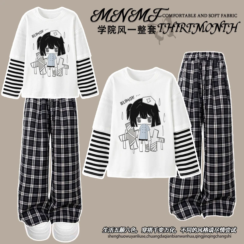 二次元动漫女孩印花女童长袖格子裤套装休闲百搭中大童假两件上衣