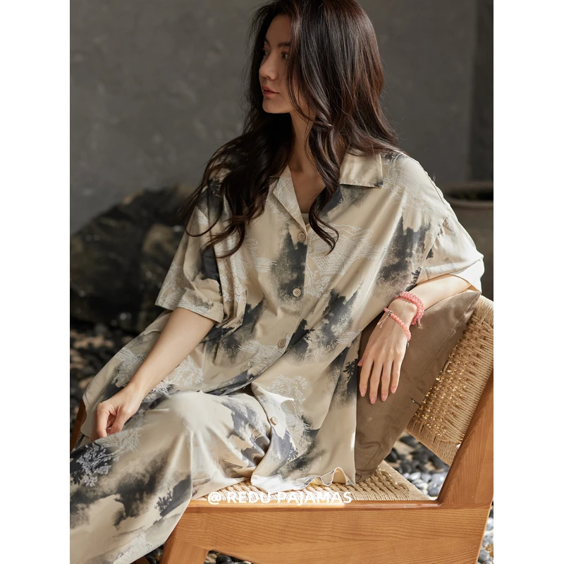 热妒莫代尔棉睡衣女春夏季带胸垫国风可外穿短袖长裤家居服套装