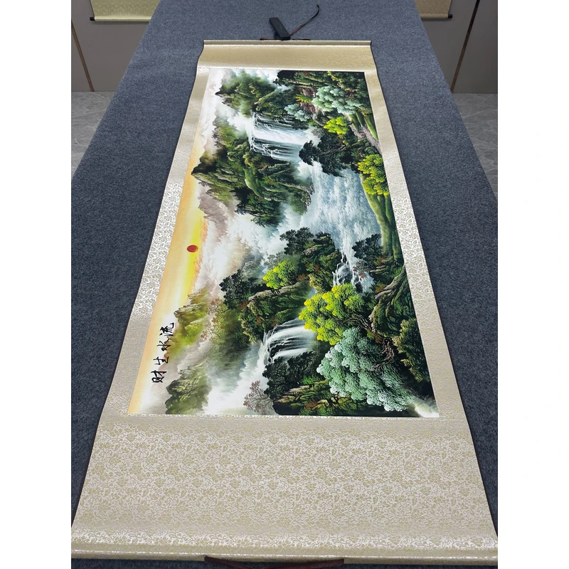 精装180*70 横幅 《流水生财》数字高清微喷卷轴画