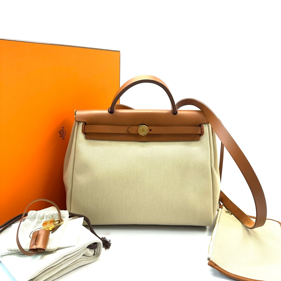 95新 Hermes/爱马仕 98新 herbag31 金扣 水泥灰/棕色手提单肩包