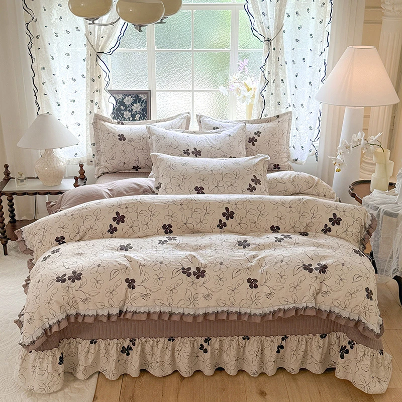 新款A类双层刺绣花边法式床盖款棉麻四件套亲肤透气荷叶边被套罩