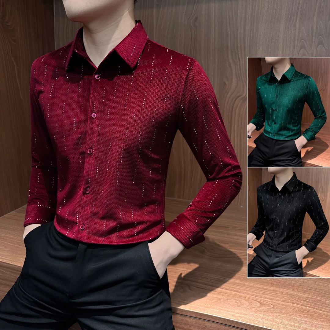 亮片长袖衬衫领男款秋季爆款2025新款痞帅秋冬商务休闲时尚韩版男