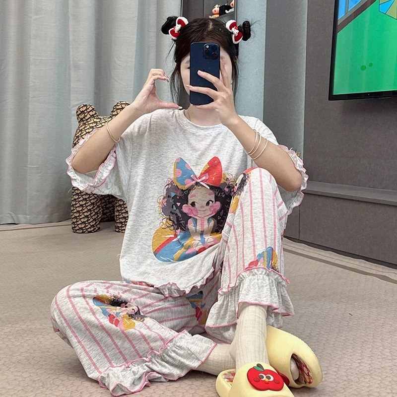 韩系卡通动漫风少女短袖长裤家居服套装女凉感夏季薄款睡衣两件套