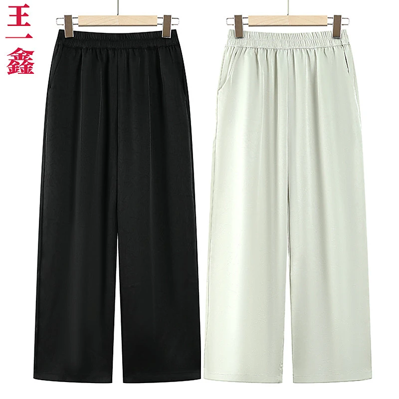 中老年妈妈女裤夏季薄款高腰弹力宽松裤子宽松休闲松紧九分直筒裤