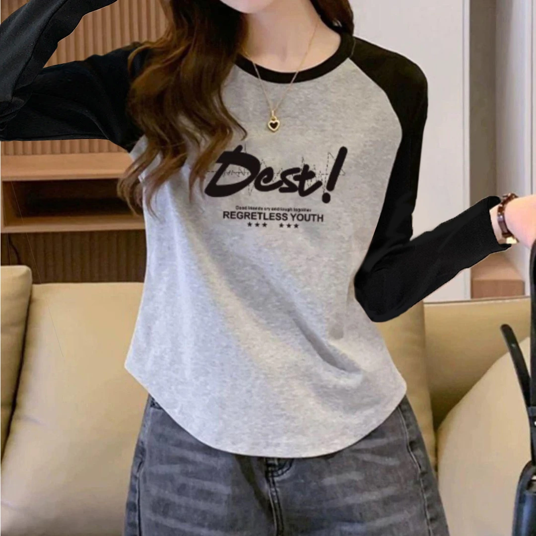 小众设计感宽松撞色插肩长袖T恤女2025春秋新款正肩圆领体恤上衣