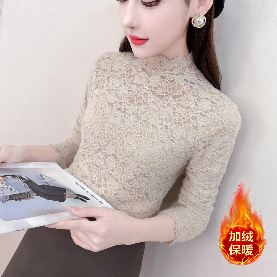 冬季加绒半高领打底衫女2025秋冬新款修身显瘦保暖蕾丝衫长袖T恤