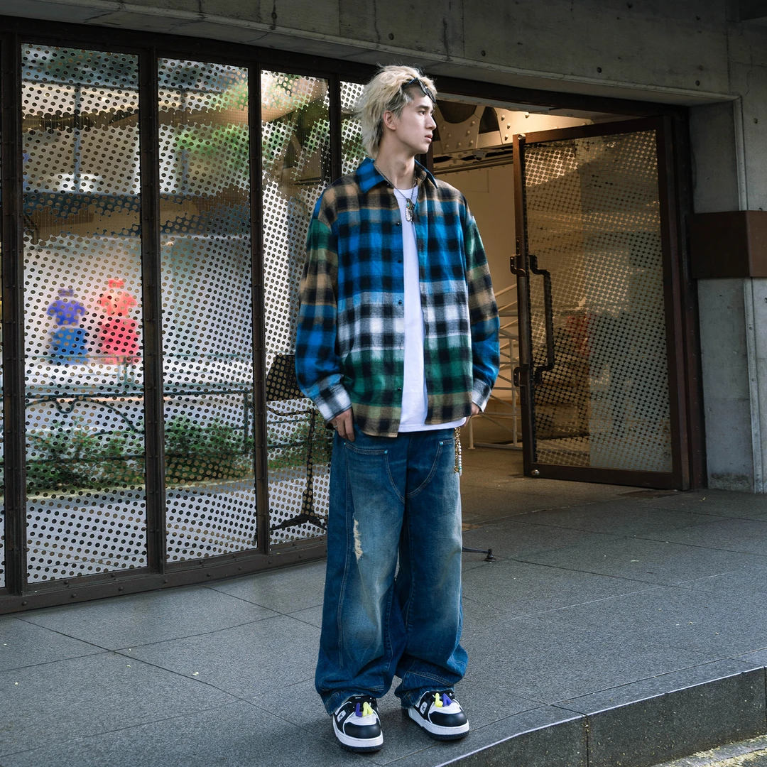 【苏格兰格纹】日系廓形撞色格子长袖衬衫男早秋复古拼色宽松3027