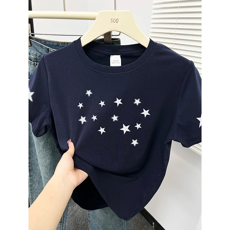 正肩短袖t恤女装2025夏季潮牌休闲圆领星星印花大码显瘦穿搭上衣