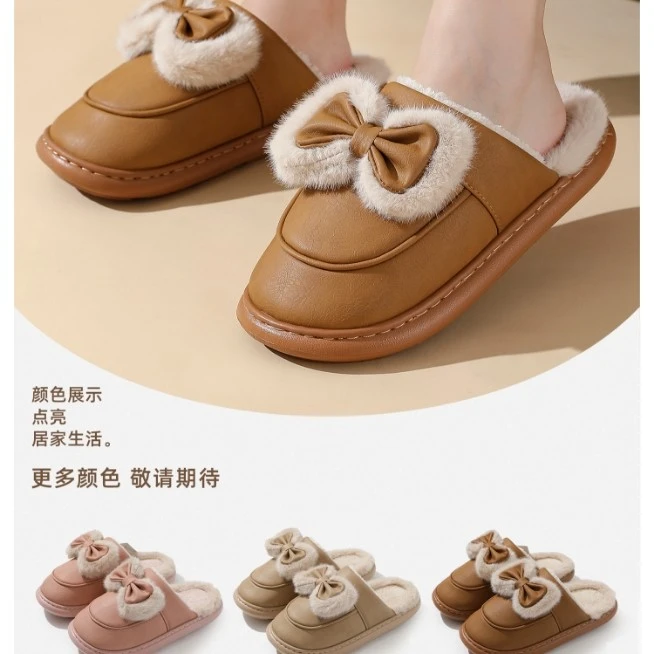 加厚蝴蝶结防水女棉拖冬季居家外穿保暖