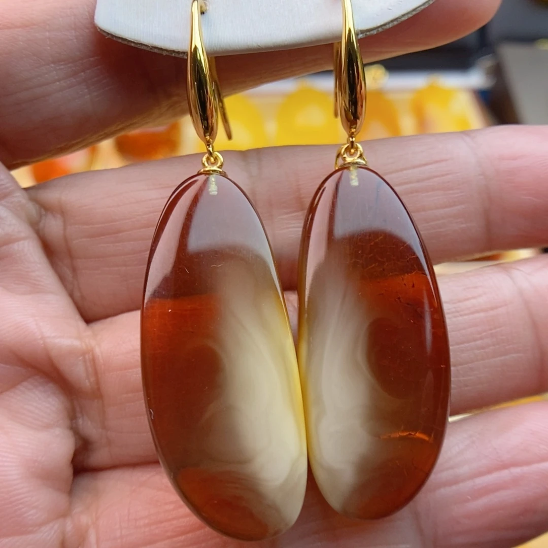 琥珀耳饰银S925镀金镶嵌
