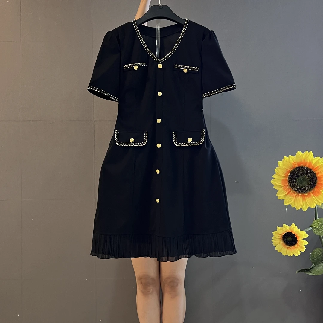 极简风夏季V领小香单排扣修身显瘦中长裙大码连衣裙9028