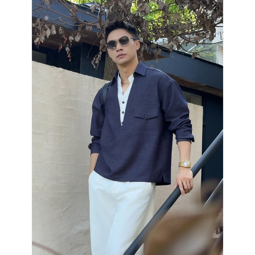 『素奢美学』老钱新贵风阳离子混纺V领假两件衬衫撞色拼接休闲衬衣