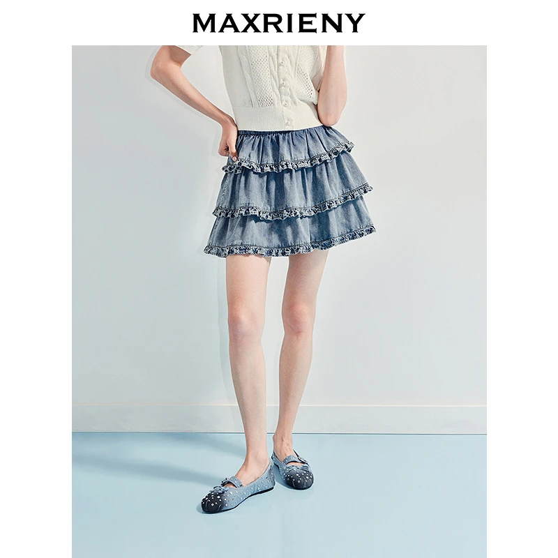 MAXRIENY精致日常风浅蓝牛仔塔塔短裙25夏款荷叶边牛仔半裙气质感