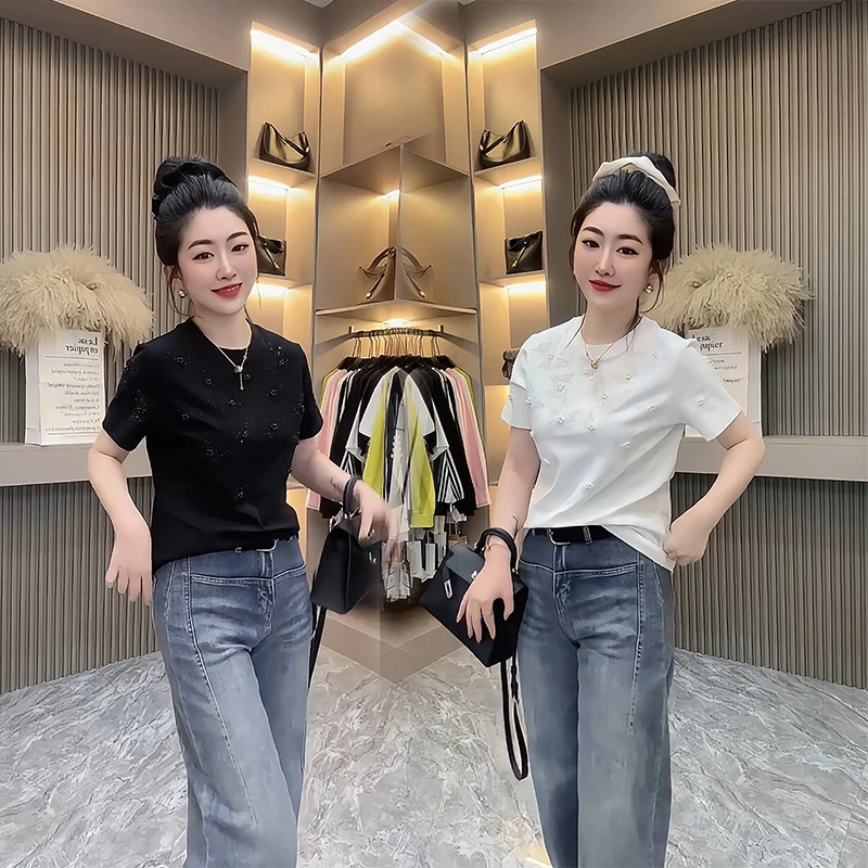 2025新款欧货美式闪钻钉珠蝴蝶重工烫钻体恤宽松圆领短袖t恤女