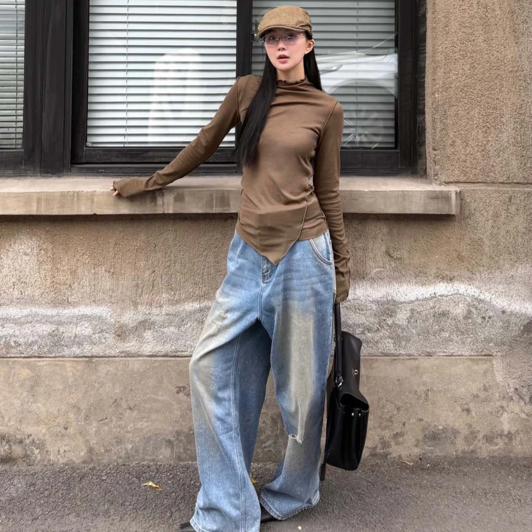 不规则斜裁密边长袖打底衫 Senseaweek