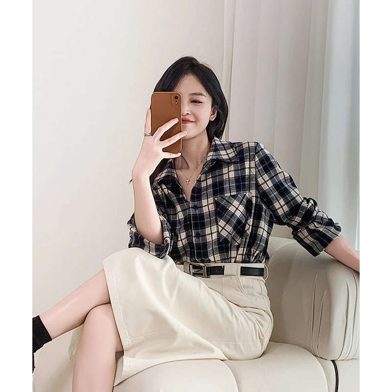 磨毛格子衬衫女2025秋冬季新休闲百搭宽松显瘦设计感长袖格纹上衣