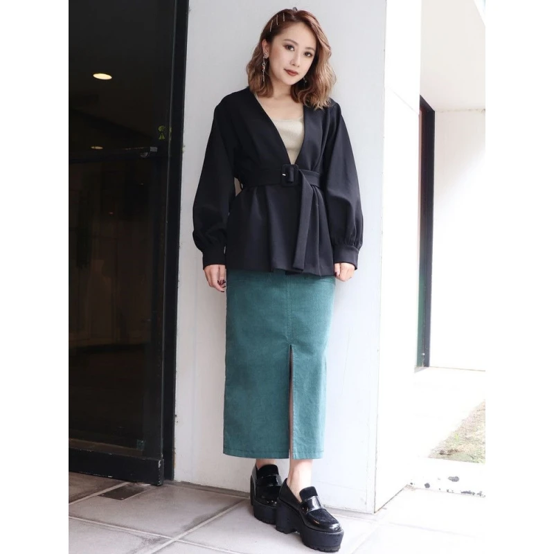 【DD外贸】秋冬上新 M 气质豹纹纯色显瘦腰带收腰半身裙