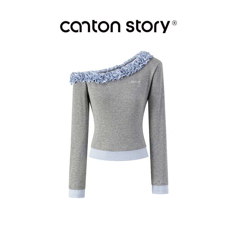 羊城故事 假两件刺绣木耳边斜肩长袖t恤女辣妹修身上衣 Y50852555